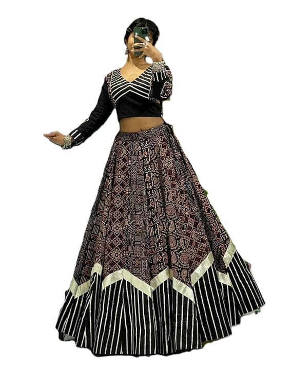 ISHAANCHI Kutchhi Leriya Chaniya Choli Set – Heavy Gotta Border Skirt | Kutchhi Print Blouse with Back Hook | Mal Cotton Embroidered Dupatta | 9–10M Flair | Ready to Wear