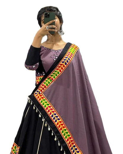 ISHAANCHI Women's Ghamti Chaniya Choli Set – Pure Jaam Cotton | Fancy Cut Patch & Kodi Lace | Gamthi Dupatta Border | 8M Flair | Fully Stitched