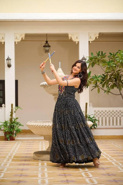 ISHAANCHI Women’s Navratri Bandhani Gown – Georgette with Gamathi Work, Real Mirror & Kodi Lace | 12-Meter Flair | Cotton Lined | Fully Stitched | M to XXL Adjustable Fit Multicolour