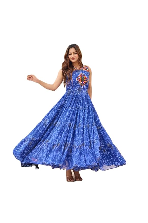 ISHAANCHI Women’s Navratri Bandhani Gown – Georgette with Gamathi Work, Real Mirror & Kodi Lace | 12-Meter Flair | Cotton Lined | Fully Stitched | M to XXL Adjustable Fit Multicolour