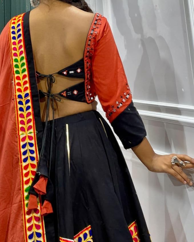 ISHAANCHI Women's Ghamti Chaniya Choli Set – Pure Jaam Cotton | Fancy Cut Patch & Kodi Lace | Gamthi Dupatta Border | 8M Flair | Fully Stitched