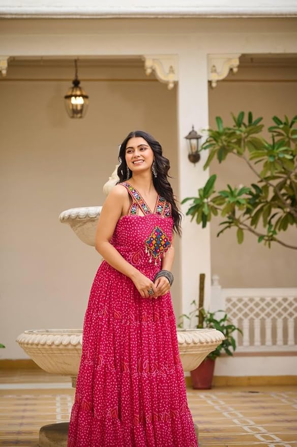 ISHAANCHI Women’s Navratri Bandhani Gown – Georgette with Gamathi Work, Real Mirror & Kodi Lace | 12-Meter Flair | Cotton Lined | Fully Stitched | M to XXL Adjustable Fit Multicolour