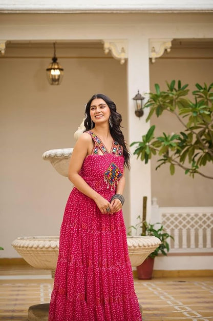 ISHAANCHI Women’s Navratri Bandhani Gown – Georgette with Gamathi Work, Real Mirror & Kodi Lace | 12-Meter Flair | Cotton Lined | Fully Stitched | M to XXL Adjustable Fit Multicolour