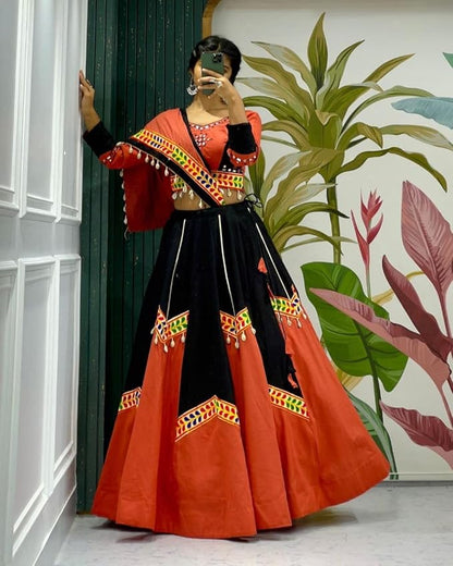 ISHAANCHI Women's Ghamti Chaniya Choli Set – Pure Jaam Cotton | Fancy Cut Patch & Kodi Lace | Gamthi Dupatta Border | 8M Flair | Fully Stitched