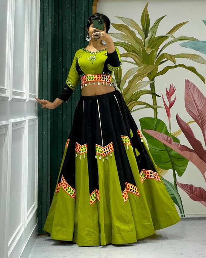 ISHAANCHI Women's Ghamti Chaniya Choli Set – Pure Jaam Cotton | Fancy Cut Patch & Kodi Lace | Gamthi Dupatta Border | 8M Flair | Fully Stitched