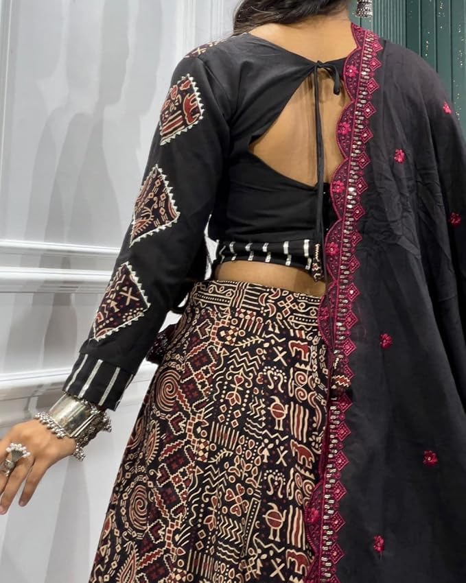 ISHAANCHI Kutchhi Leriya Chaniya Choli Set – Heavy Gotta Border Skirt | Kutchhi Print Blouse with Back Hook | Mal Cotton Embroidered Dupatta | 9–10M Flair | Ready to Wear