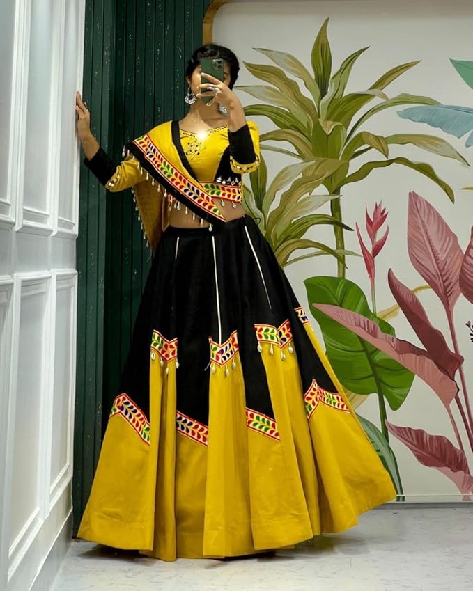 ISHAANCHI Women's Ghamti Chaniya Choli Set – Pure Jaam Cotton | Fancy Cut Patch & Kodi Lace | Gamthi Dupatta Border | 8M Flair | Fully Stitched