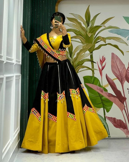 ISHAANCHI Women's Ghamti Chaniya Choli Set – Pure Jaam Cotton | Fancy Cut Patch & Kodi Lace | Gamthi Dupatta Border | 8M Flair | Fully Stitched