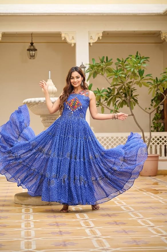 ISHAANCHI Women’s Navratri Bandhani Gown – Georgette with Gamathi Work, Real Mirror & Kodi Lace | 12-Meter Flair | Cotton Lined | Fully Stitched | M to XXL Adjustable Fit Multicolour