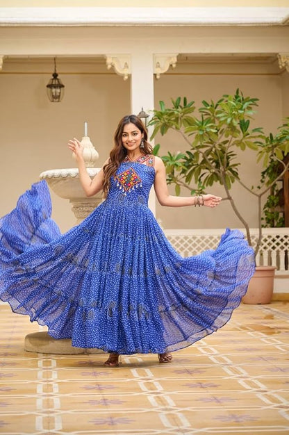 ISHAANCHI Women’s Navratri Bandhani Gown – Georgette with Gamathi Work, Real Mirror & Kodi Lace | 12-Meter Flair | Cotton Lined | Fully Stitched | M to XXL Adjustable Fit Multicolour