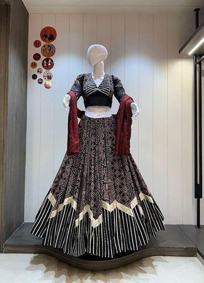 ISHAANCHI Kutchhi Leriya Chaniya Choli Set – Heavy Gotta Border Skirt | Kutchhi Print Blouse with Back Hook | Mal Cotton Embroidered Dupatta | 9–10M Flair | Ready to Wear