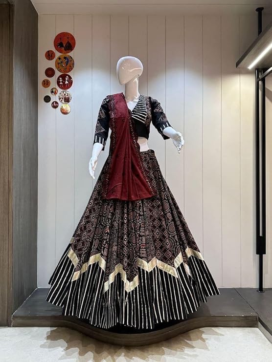 ISHAANCHI Kutchhi Leriya Chaniya Choli Set – Heavy Gotta Border Skirt | Kutchhi Print Blouse with Back Hook | Mal Cotton Embroidered Dupatta | 9–10M Flair | Ready to Wear