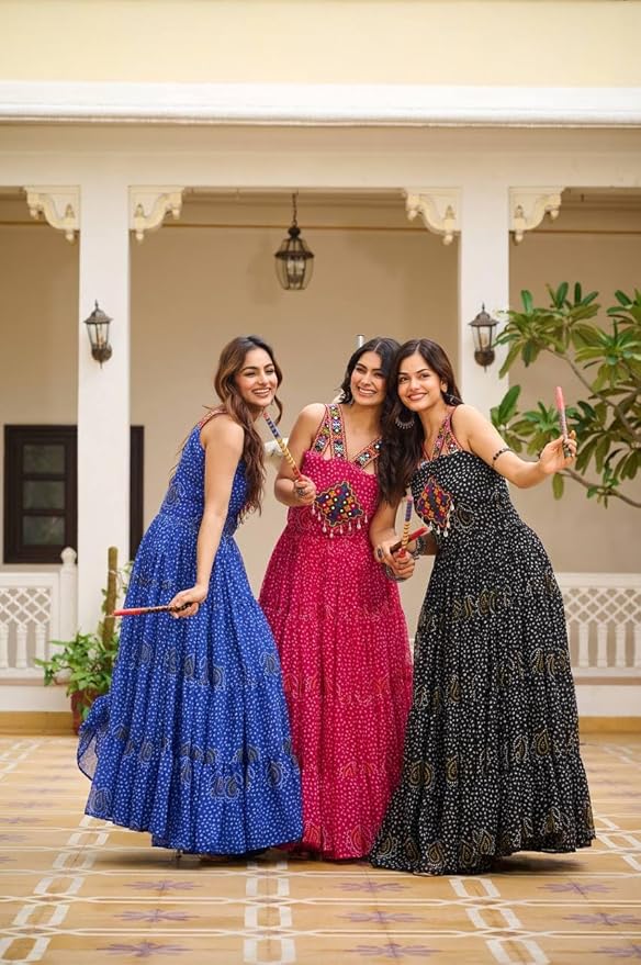 ISHAANCHI Women’s Navratri Bandhani Gown – Georgette with Gamathi Work, Real Mirror & Kodi Lace | 12-Meter Flair | Cotton Lined | Fully Stitched | M to XXL Adjustable Fit Multicolour