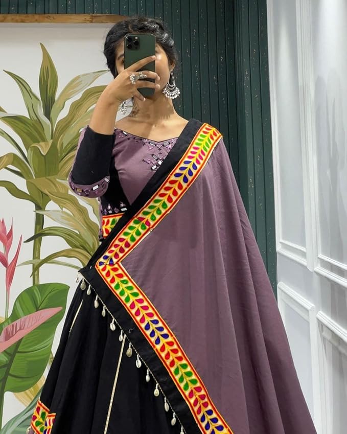 ISHAANCHI Women's Ghamti Chaniya Choli Set – Pure Jaam Cotton | Fancy Cut Patch & Kodi Lace | Gamthi Dupatta Border | 8M Flair | Fully Stitched