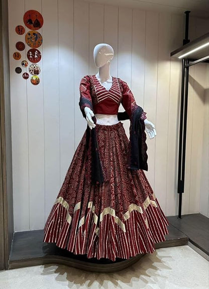 ISHAANCHI Kutchhi Leriya Chaniya Choli Set – Heavy Gotta Border Skirt | Kutchhi Print Blouse with Back Hook | Mal Cotton Embroidered Dupatta | 9–10M Flair | Ready to Wear