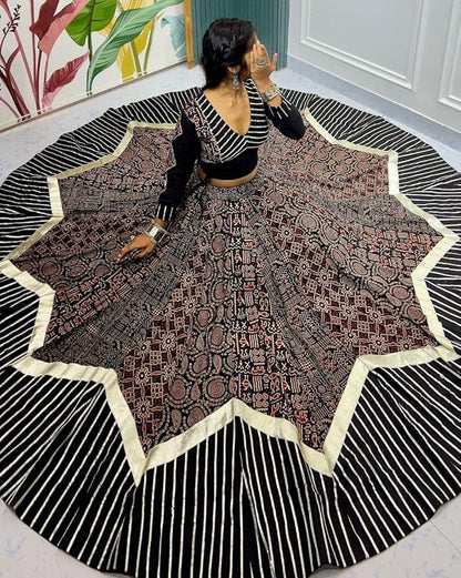 ISHAANCHI Kutchhi Leriya Chaniya Choli Set – Heavy Gotta Border Skirt | Kutchhi Print Blouse with Back Hook | Mal Cotton Embroidered Dupatta | 9–10M Flair | Ready to Wear