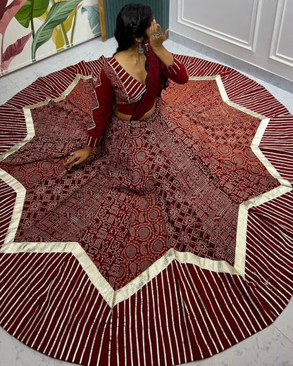 ISHAANCHI Kutchhi Leriya Chaniya Choli Set – Heavy Gotta Border Skirt | Kutchhi Print Blouse with Back Hook | Mal Cotton Embroidered Dupatta | 9–10M Flair | Ready to Wear